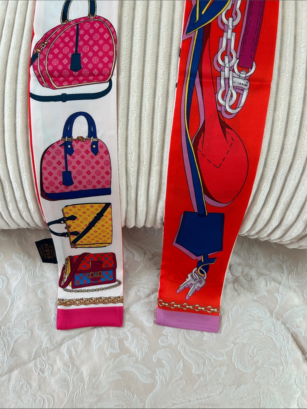 Silk Feeling Double Sided Scarf or Twilly – Red & Pink Multi-Color Accents - Picture 3 of 3